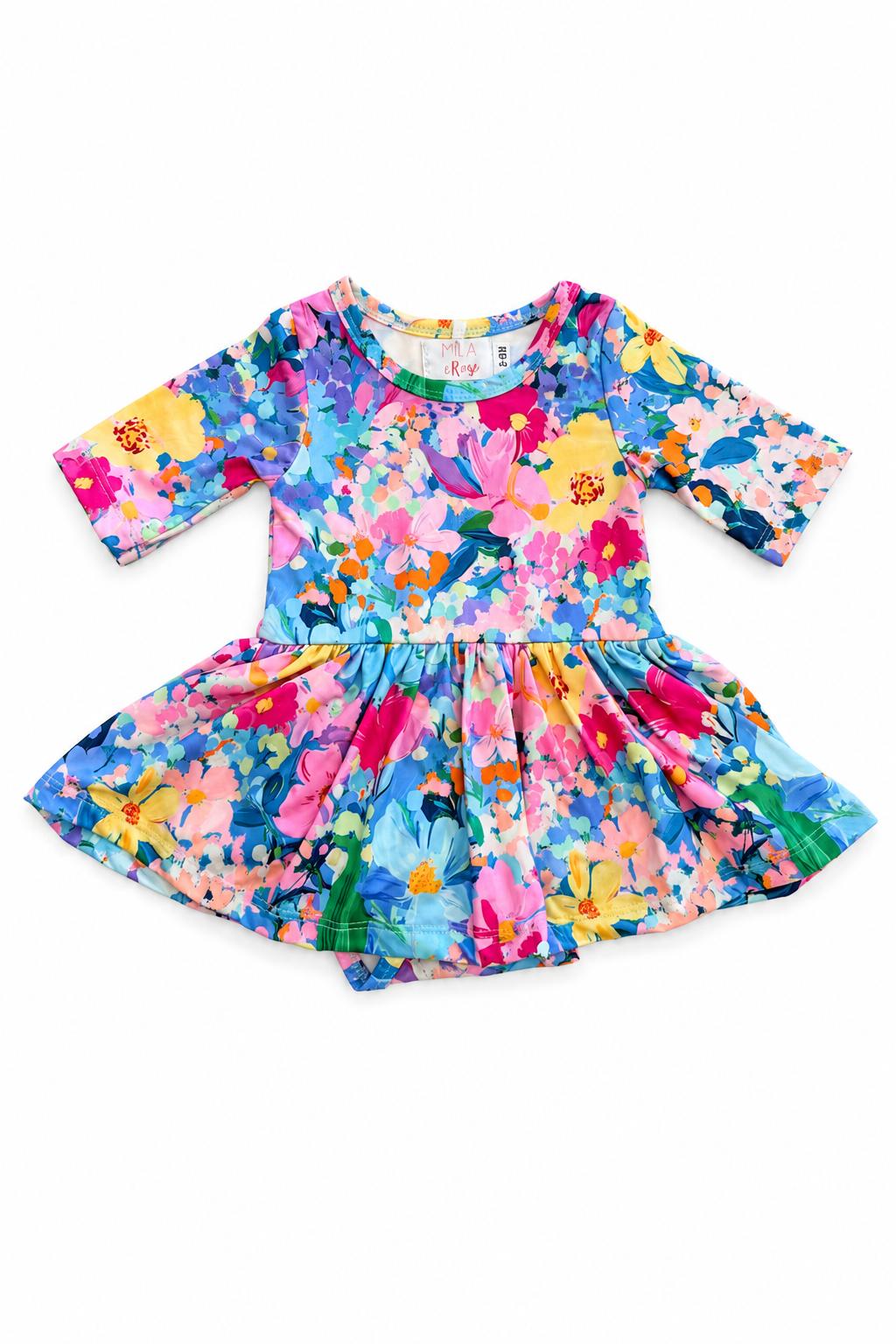 Baby twirl bodysuit with a floral Flower Market print, full skirt, and 3/4 sleeves