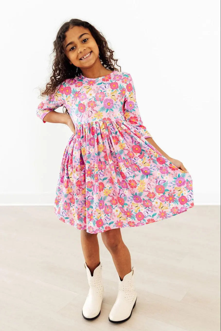 Mila & Rose ® Fluttering Garden 3/4 Sleeve Pocket Twirl Dress - 