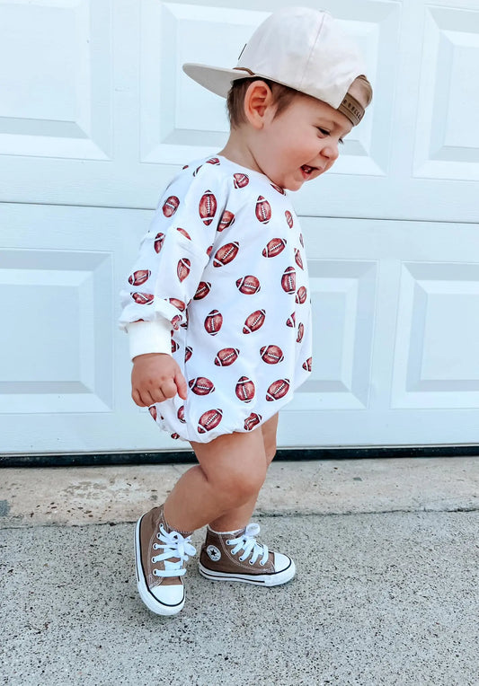 Little Joy Co. Football Print Bamboo Bubble Romper Unisex Baby Outfit - Apparel & Accessories > Clothing > Baby & Toddler Clothing > Baby One-Pieces