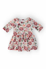 Baby twirl bodysuit with football and flower print, 3/4 sleeves, and a full twirl skirt