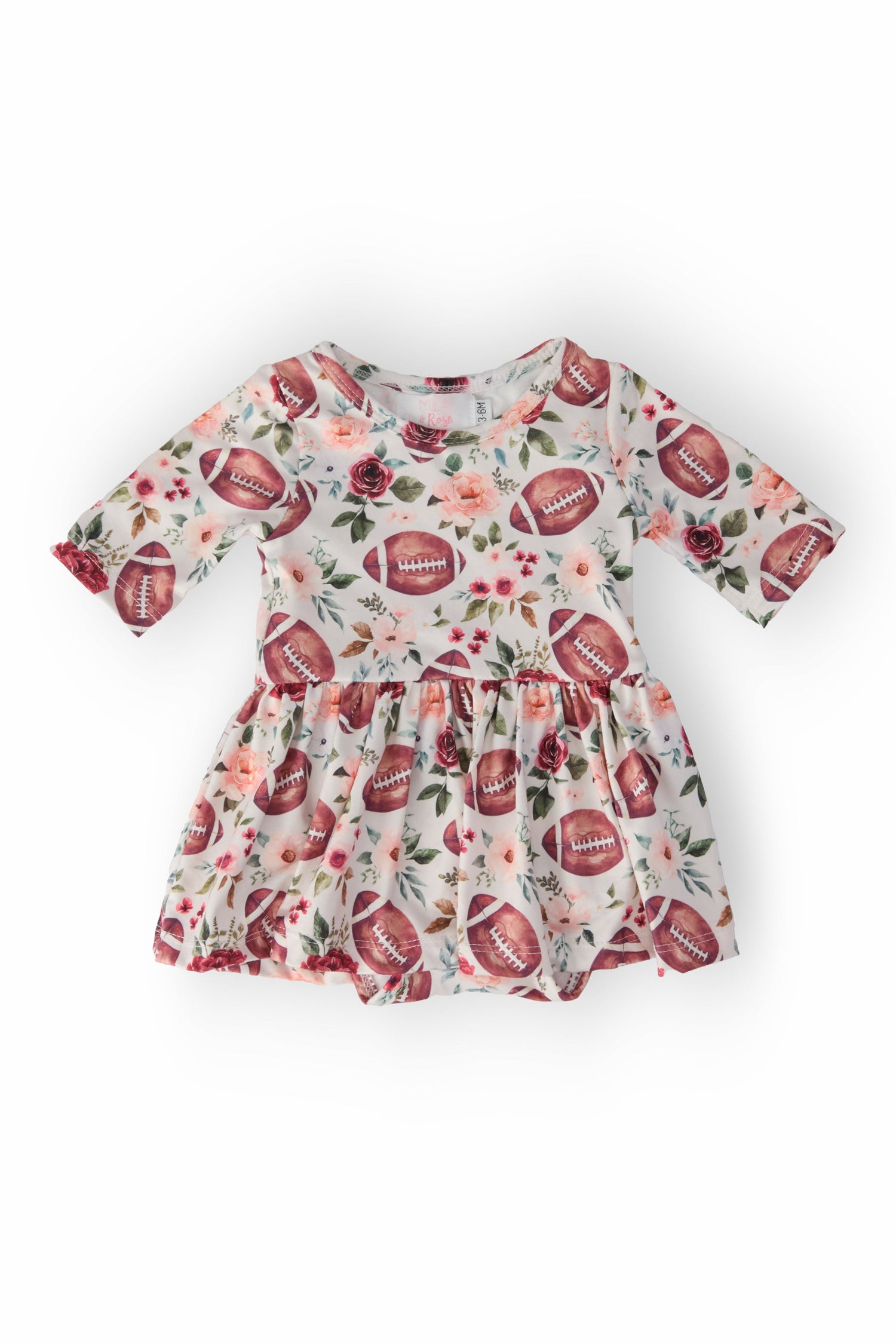 Baby twirl bodysuit with football and flower print, 3/4 sleeves, and a full twirl skirt