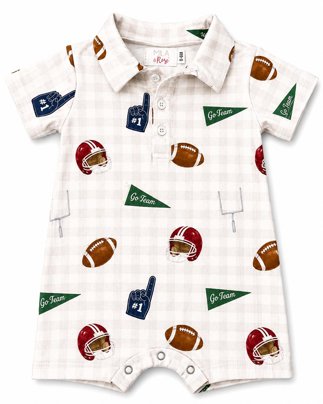 Baby polo-collar shorty one-piece romper in a Friday Night Lights print with short sleeves and snap closure