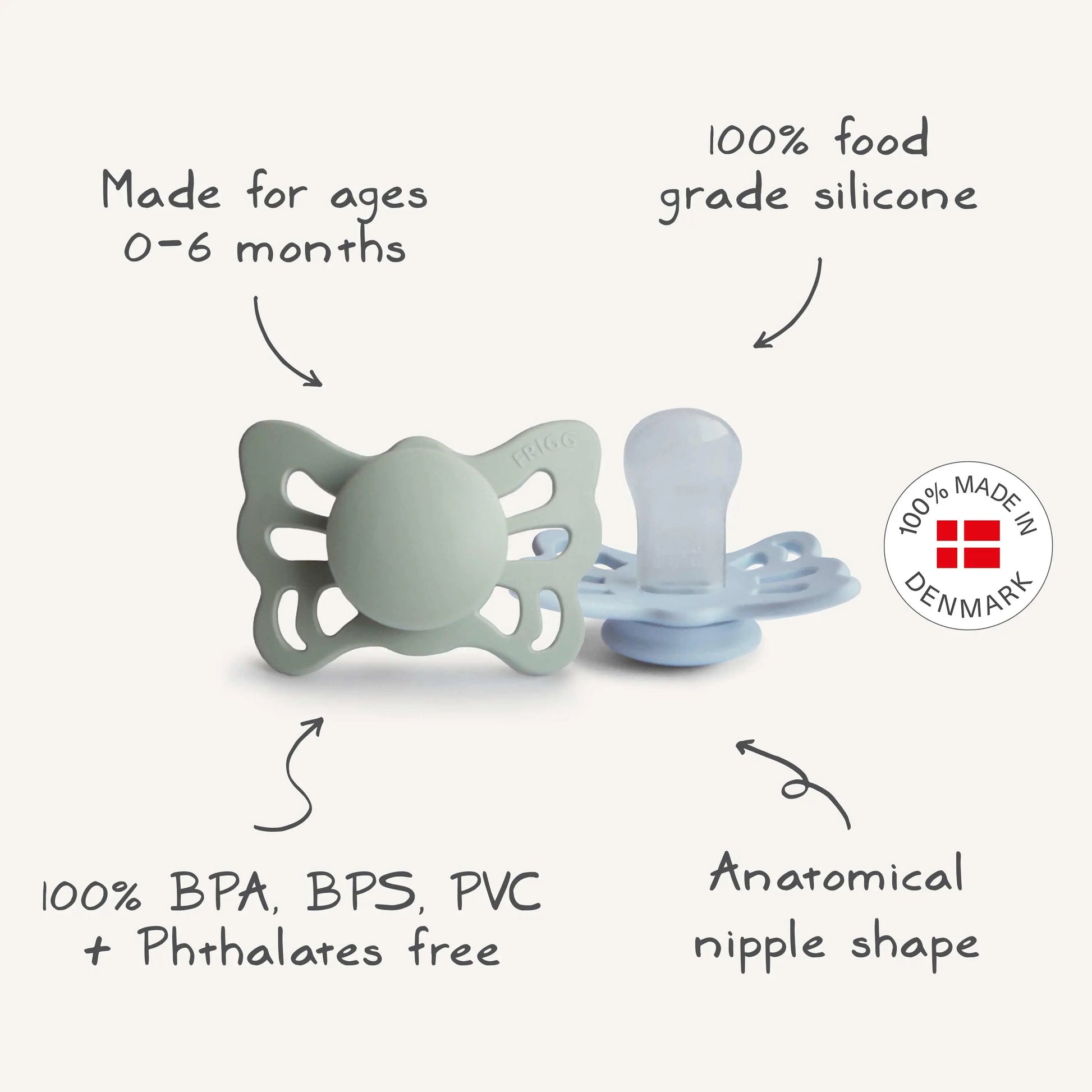 Frigg Butterfly Anatomical Silicone Pacifier 2 Pack 0 to 6 Months Mushie Everetts Place: Online Boutique