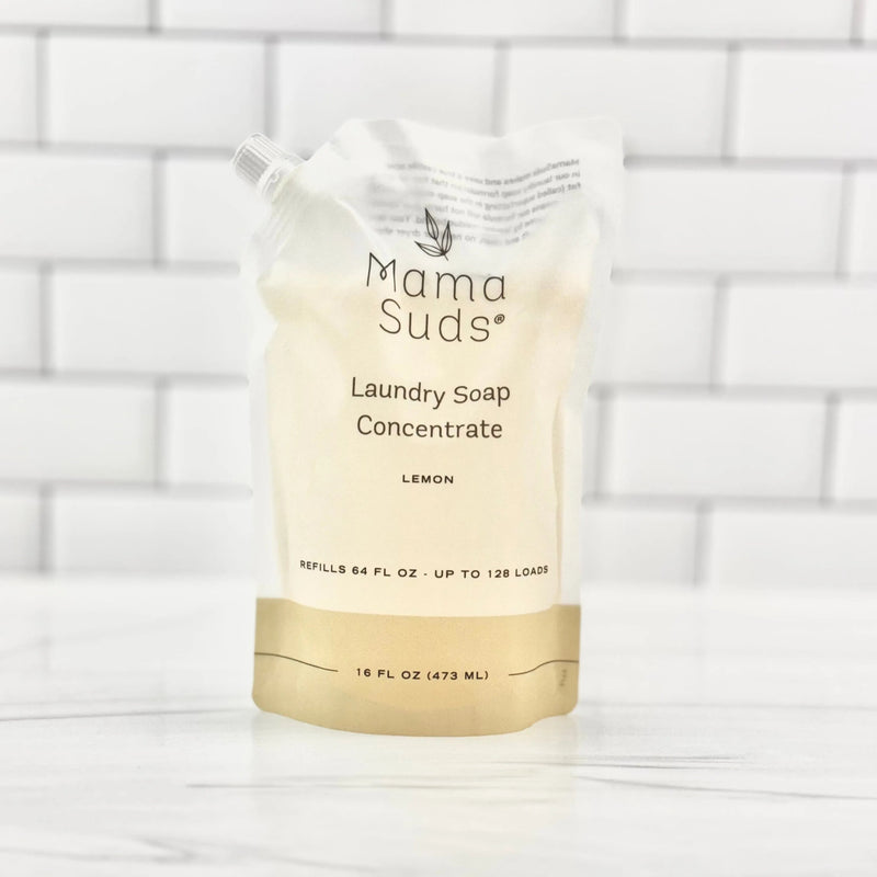 Laundry Soap Concentrate Pouch with lemon scent in recyclable packaging, ideal for eco-friendly laundry.