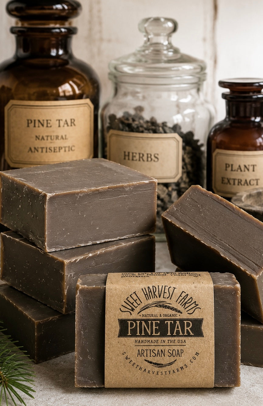 Dark pine tar handmade soap bar from Sweet Harvest Farms