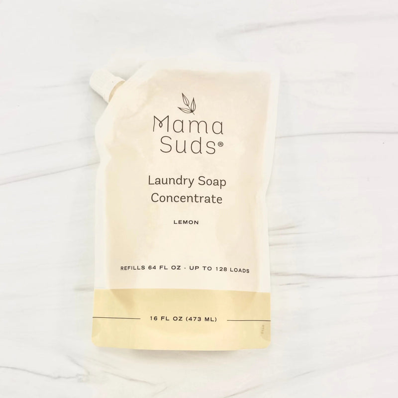 Laundry Soap Concentrate Pouch by MamaSuds in lemon, 16 fl oz, makes 64 fl oz, eco-friendly and unscented option available.