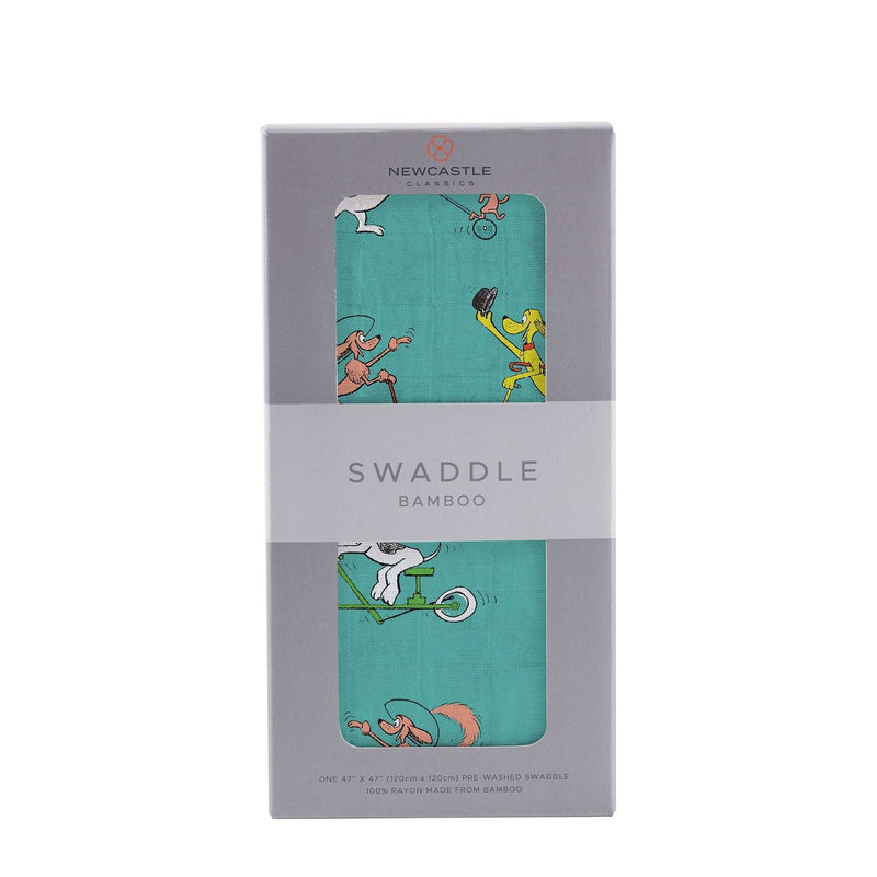 Go, Dog Go! Bamboo Muslin Swaddle in packaging, soft and breathable, 100% natural bamboo muslin, versatile use.