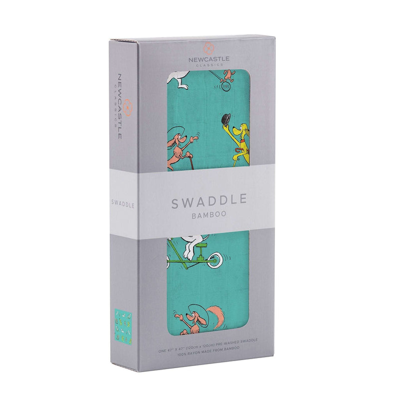 Go Dog Go bamboo muslin swaddle in packaging.