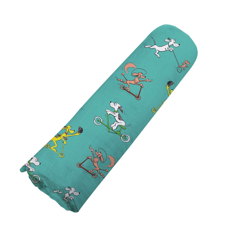 Go, Dog Go bamboo muslin swaddle with playful dog print, soft and breathable fabric.