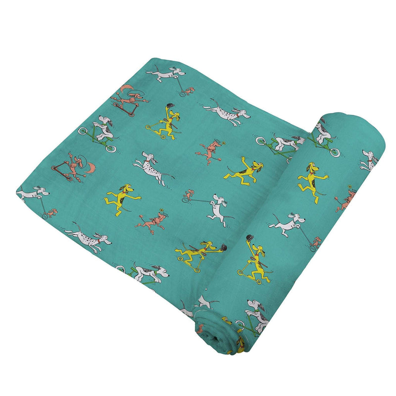 Go, Dog Go! Bamboo Muslin Swaddle with playful dog print, soft and breathable.