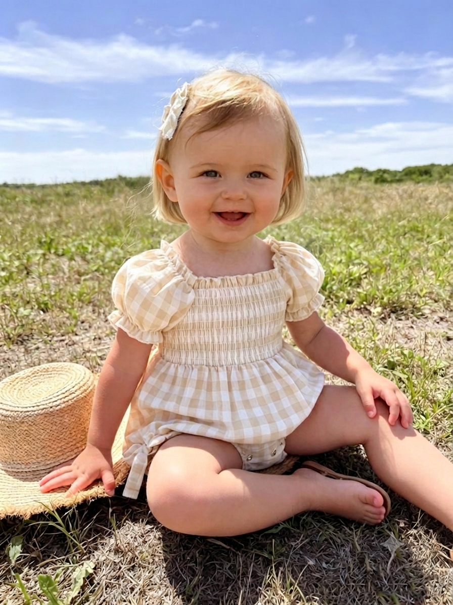 Girl's plaid romper in a classic checked pattern, part of a mommy-and-me coordinating set.