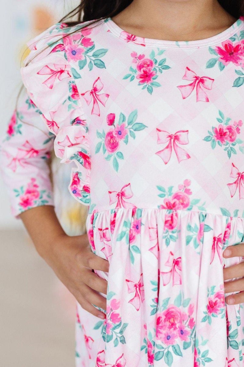 Mila & Rose ® Gingham Bows Twirl Dress For Girls Three Quarter Sleeves - Everetts Place Boutique - 