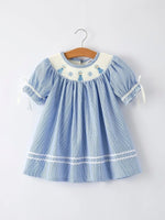 Girls Blue Striped Smocked Dress With Short Sleeves Rylee Faith Designs Everetts Place Boutique