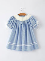 Girls Blue Striped Smocked Dress With Short Sleeves Rylee Faith Designs Everetts Place Boutique