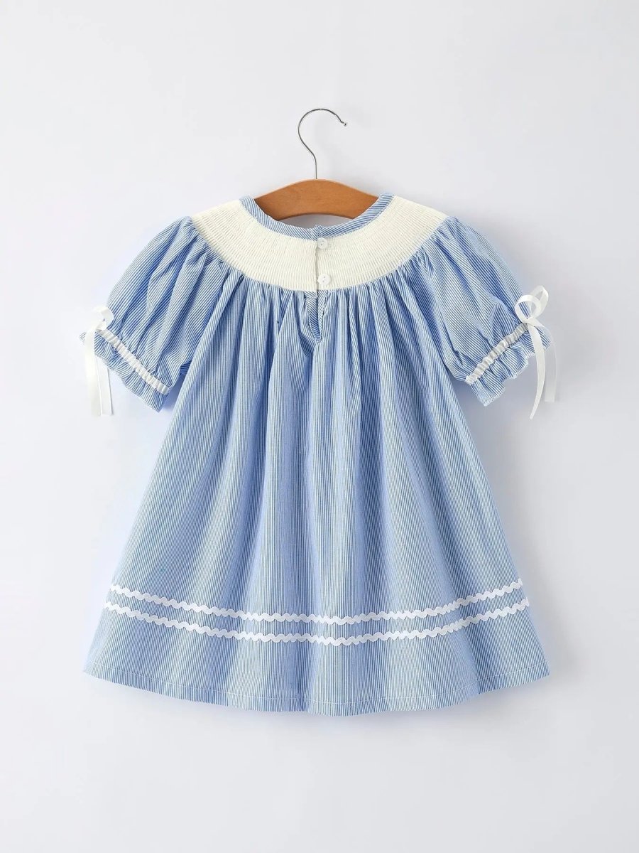 Girls Blue Striped Smocked Dress With Short Sleeves Rylee Faith Designs Everetts Place Boutique