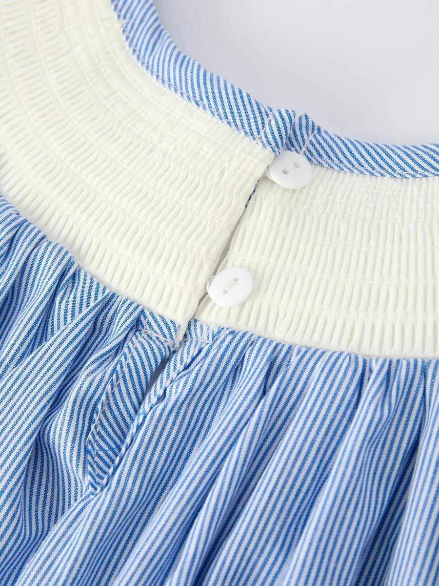 Girls Blue Striped Smocked Dress With Short Sleeves Rylee Faith Designs Everetts Place Boutique
