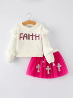 Girls Christian Outfit Long Sleeve Faith Top Pink Skirt Rylee Faith Designs Everetts Place Boutique