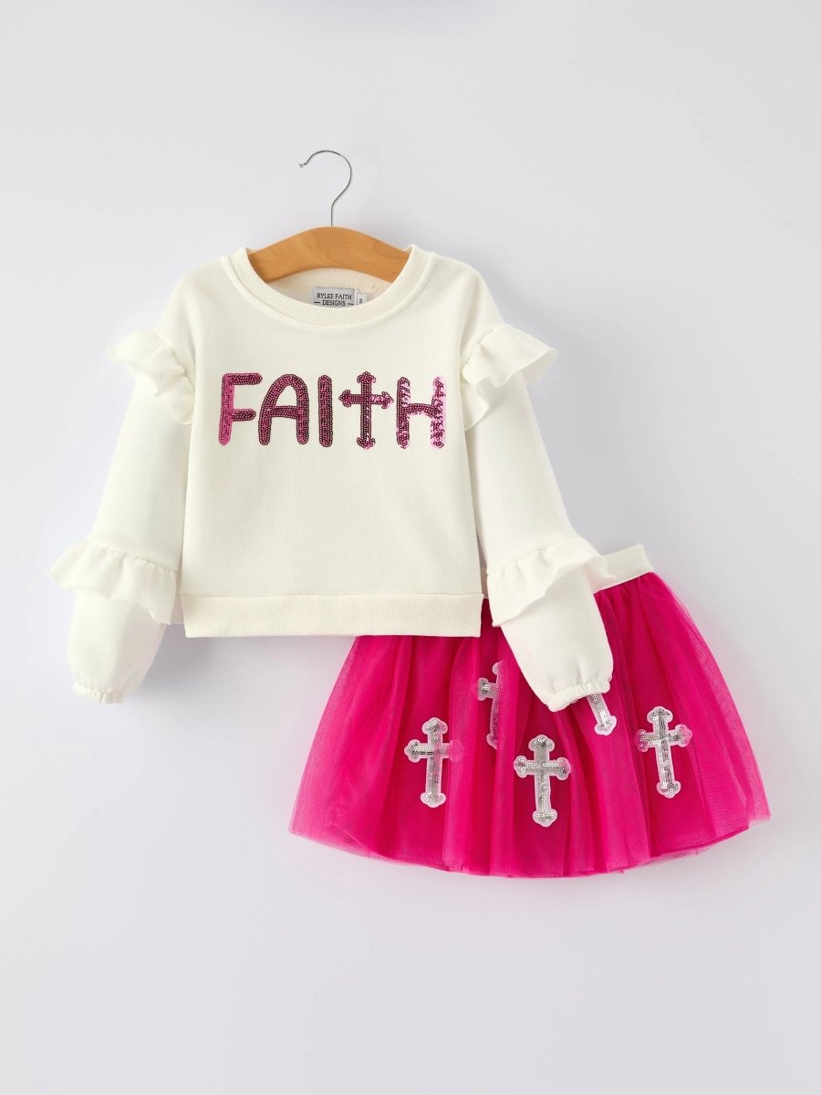 Girls Christian Outfit Long Sleeve Faith Top Pink Skirt Rylee Faith Designs Everetts Place Boutique