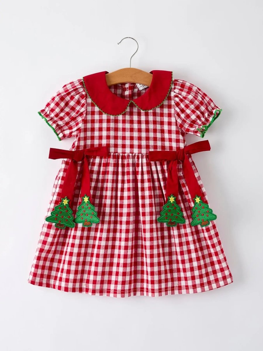 Girls Christmas Dress Red Plaid With Tree Bow Accents Rylee Faith Designs Everetts Place Boutique