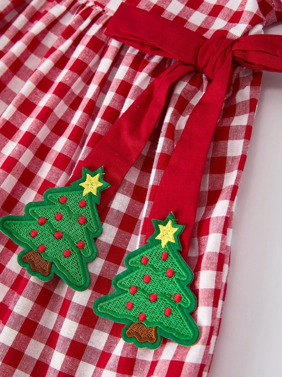 Girls Christmas Dress Red Plaid With Tree Bow Accents Rylee Faith Designs Everetts Place Boutique