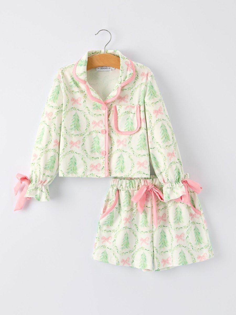 Girls Christmas Tree and Bow Print Pajama Set Cozy Nights Rylee Faith Designs Everetts Place: Online Boutique