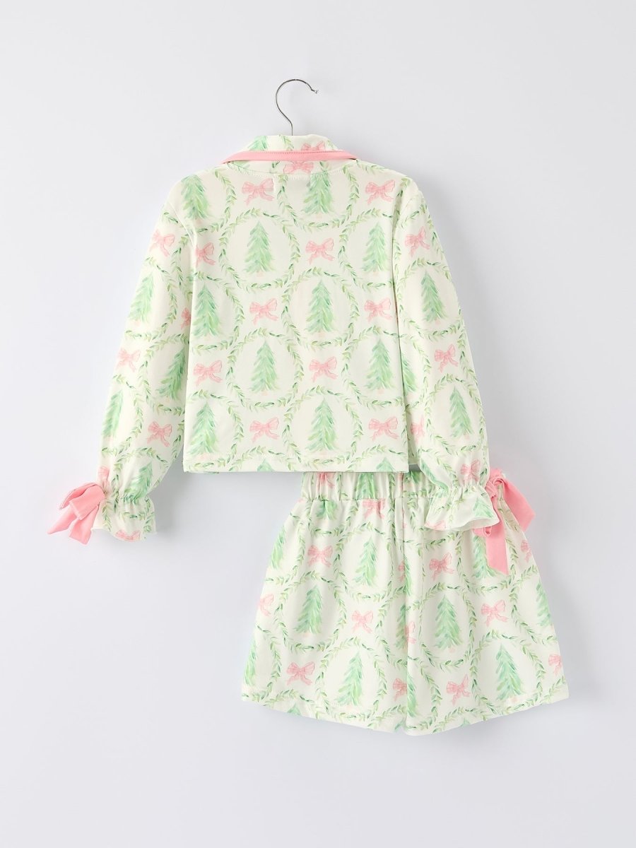 Girls Christmas Tree and Bow Print Pajama Set Cozy Nights Rylee Faith Designs Everetts Place: Online Boutique