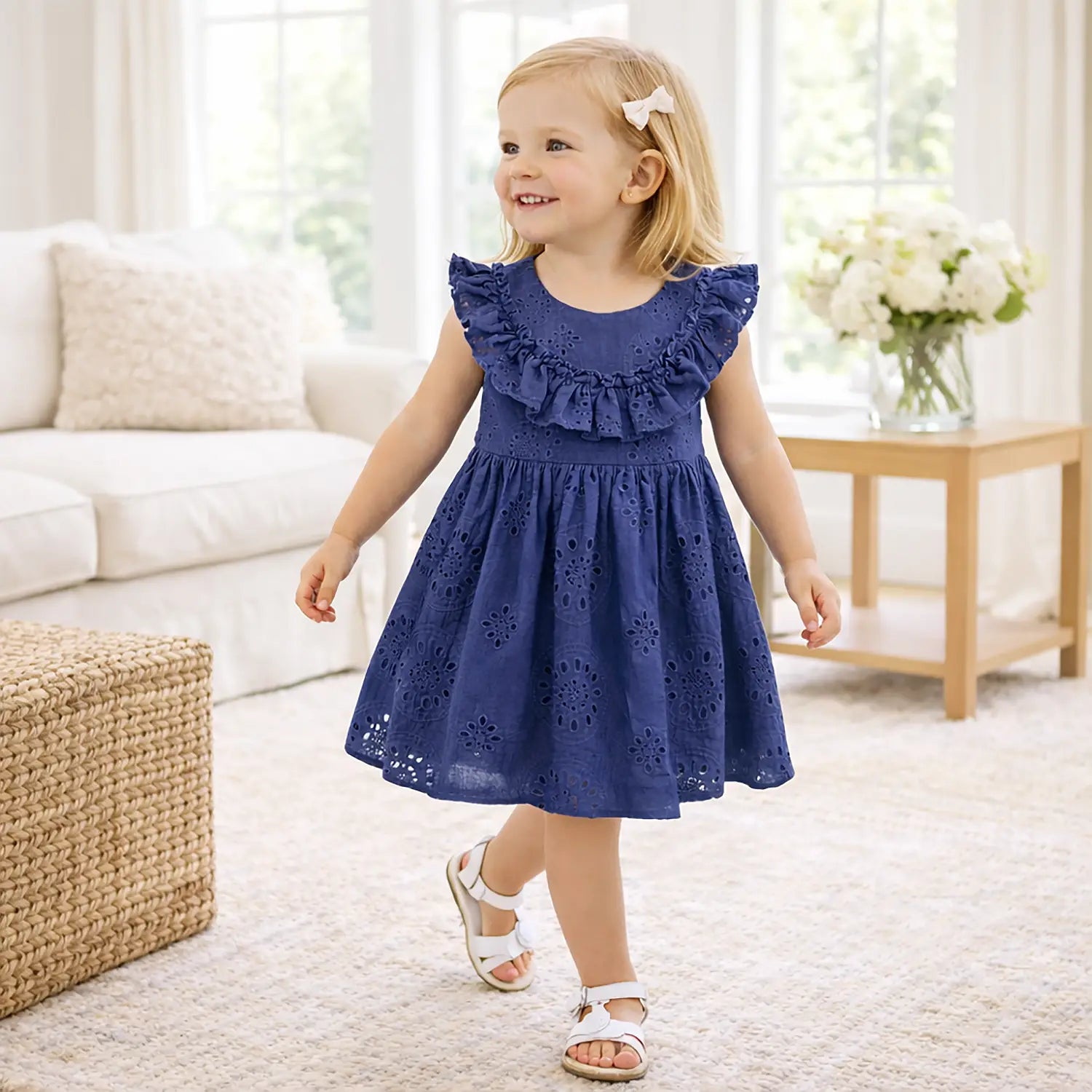 Girls Eyelet Ruffle Dress Cotton Blue Embroidered Trim Tesa Babe 