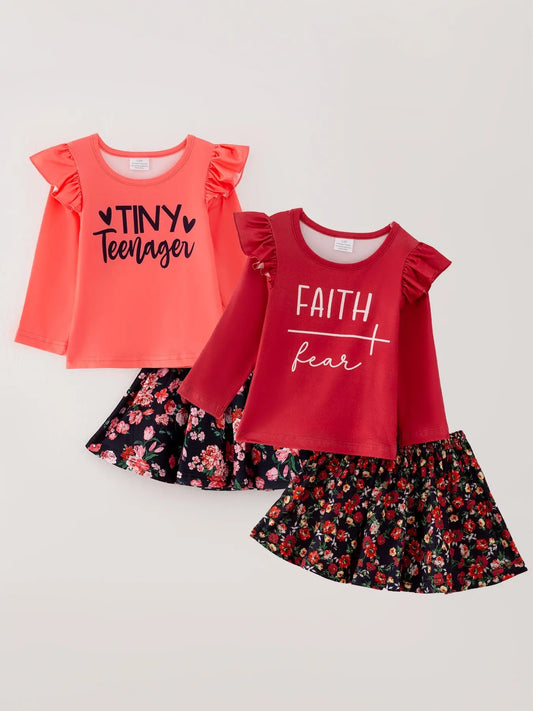 Girls Fall 4 Piece Set Letter Print Top and Skirt Rylee Faith Designs