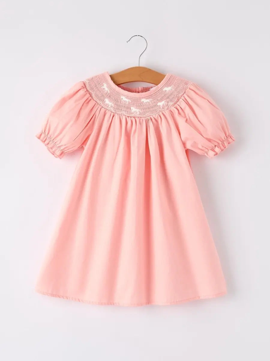 Girls Horse Smocking Embroidered Coral Dress - Sleeve, Dress, Pink, Textile, Fashion | Everetts Place