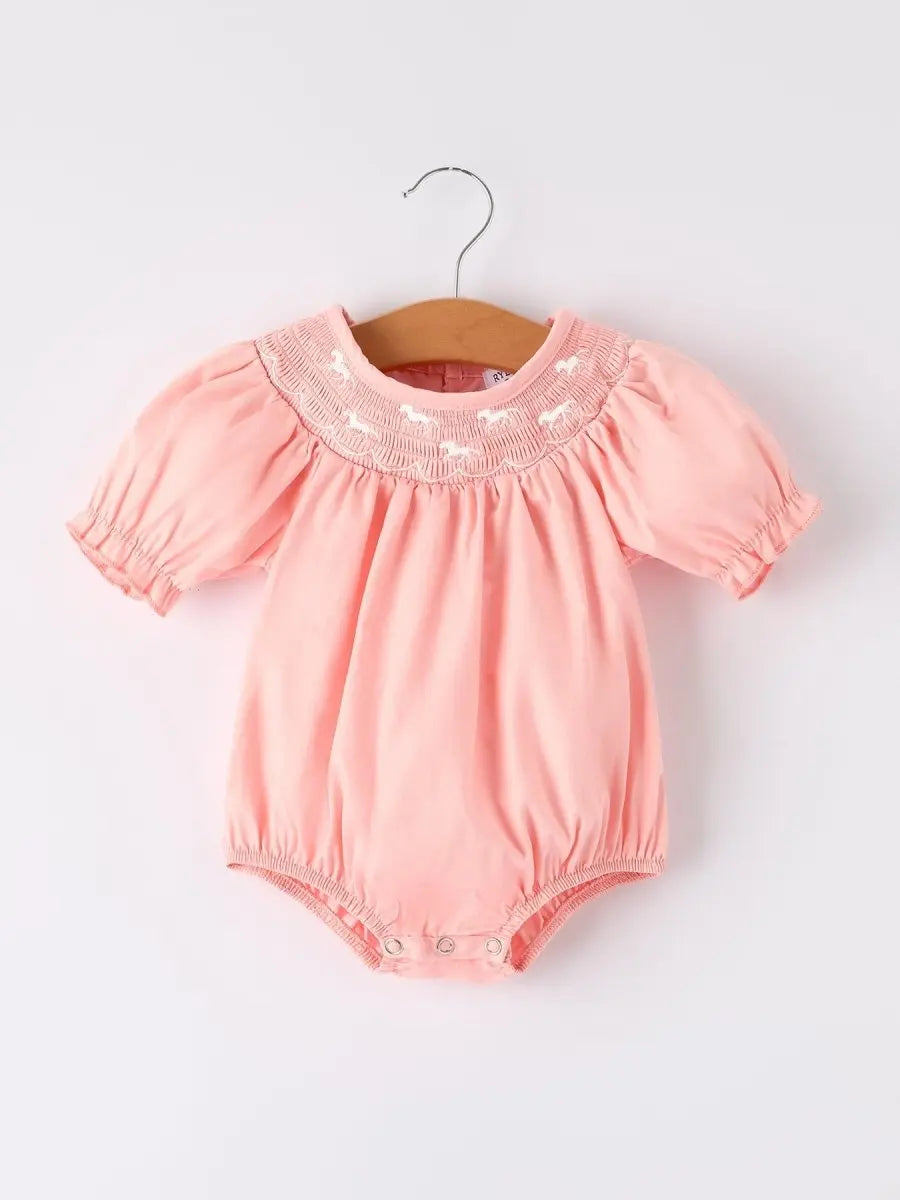 Girls Horse Smocking Embroidered Coral Romper - Sleeve, Baby & Toddler Clothing, Pink, Textile, Fashion | Everetts Place