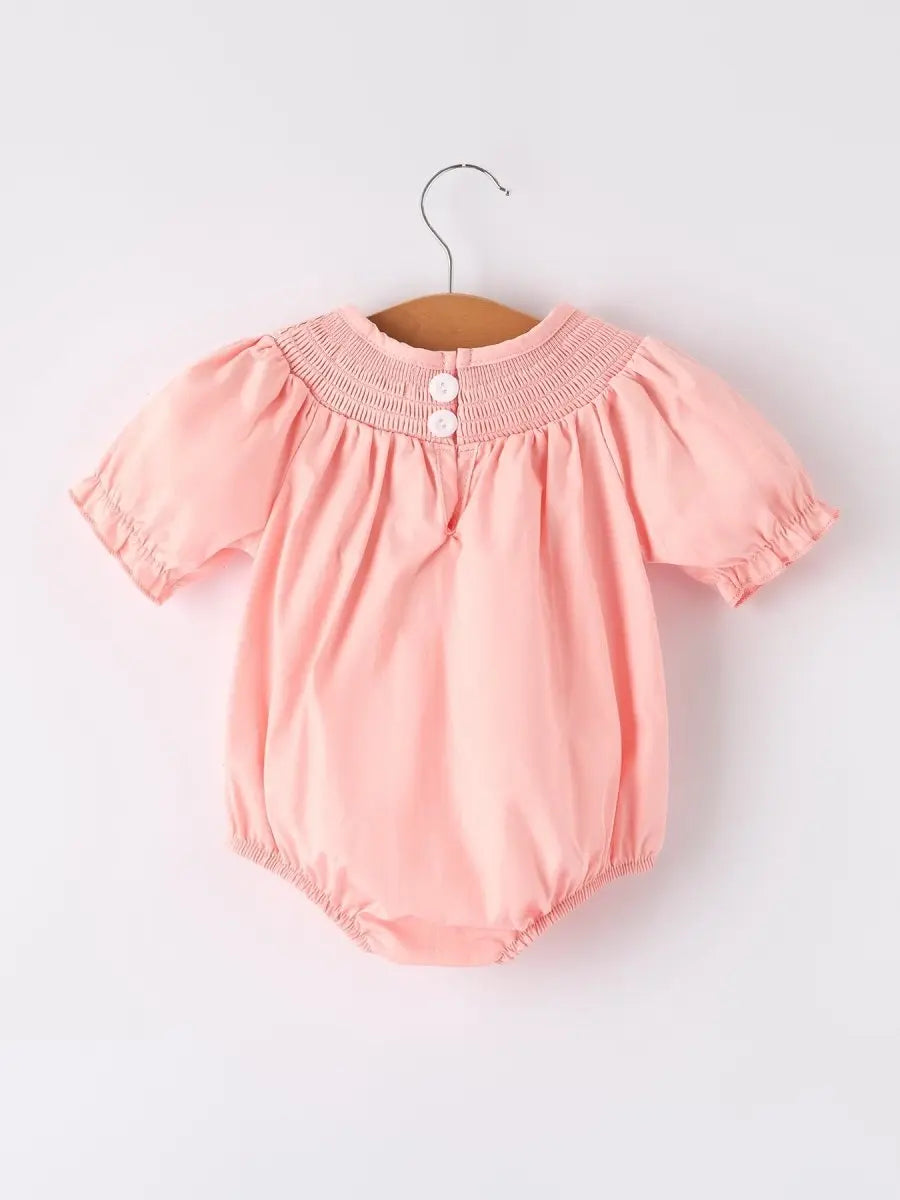 Rylee Faith Designs Girls Horse Smocking Embroidered Coral Romper - 