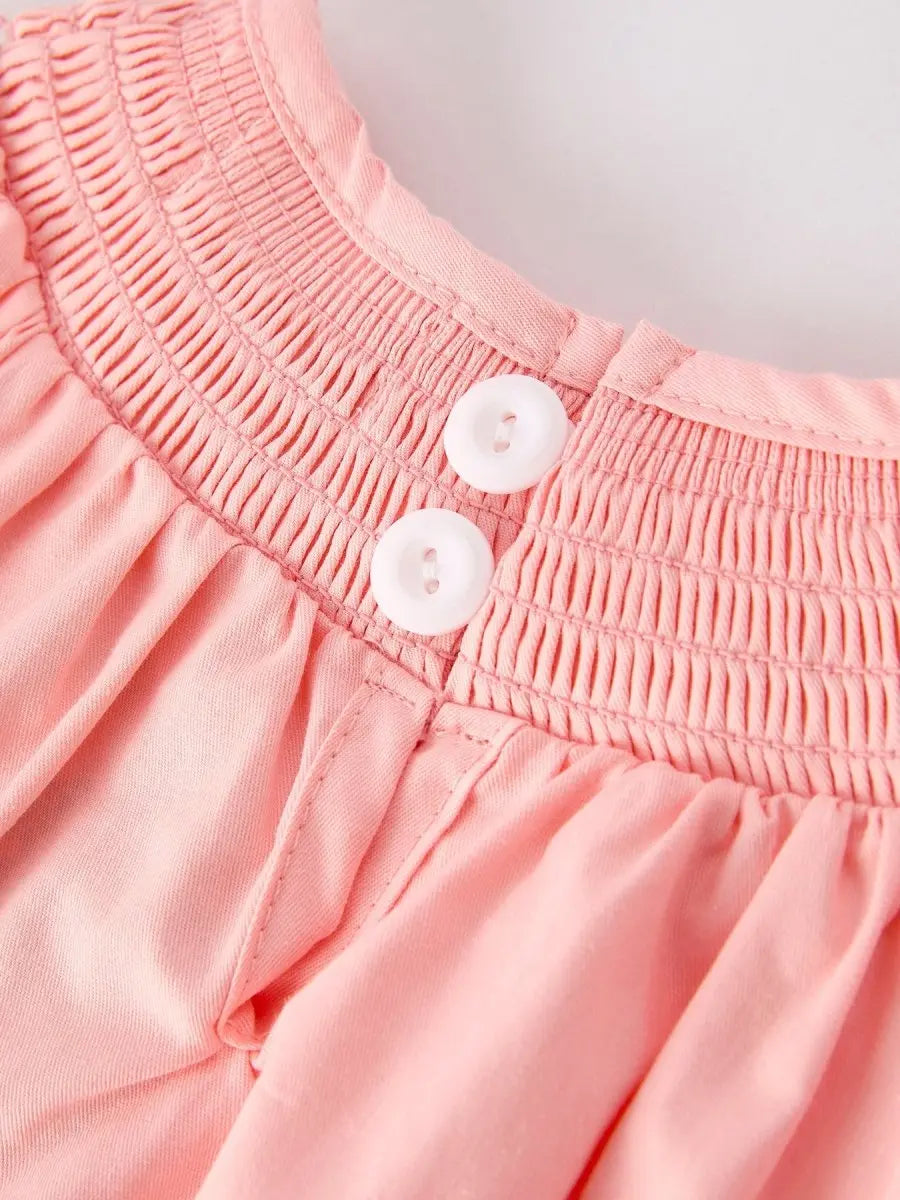Rylee Faith Designs Girls Horse Smocking Embroidered Coral Romper - 
