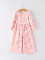 Girls Pink Bow Print Long Sleeve Jumpsuit - Sleeve, Dress, White, Pink, Textile | Everetts Place