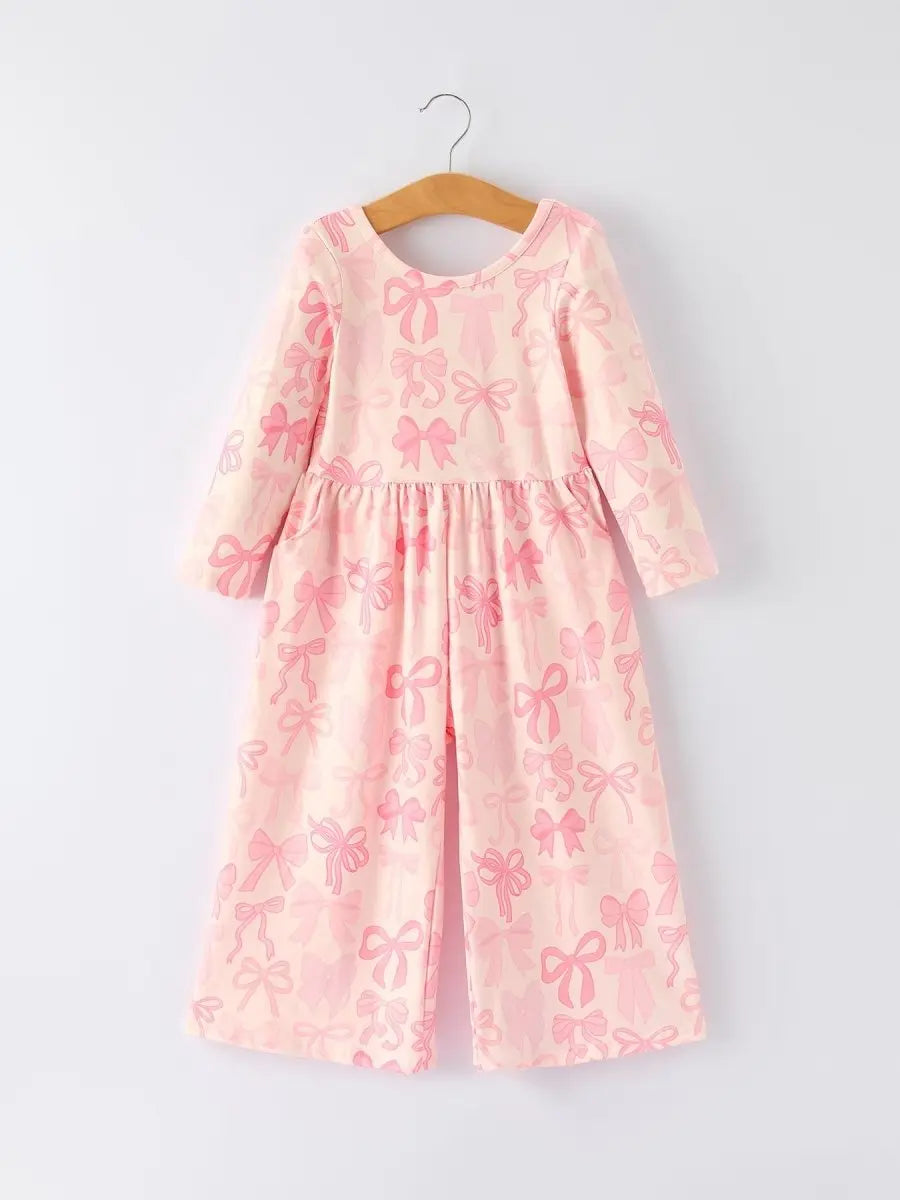 Girls Pink Bow Print Long Sleeve Jumpsuit - Sleeve, Dress, White, Pink, Textile | Everetts Place
