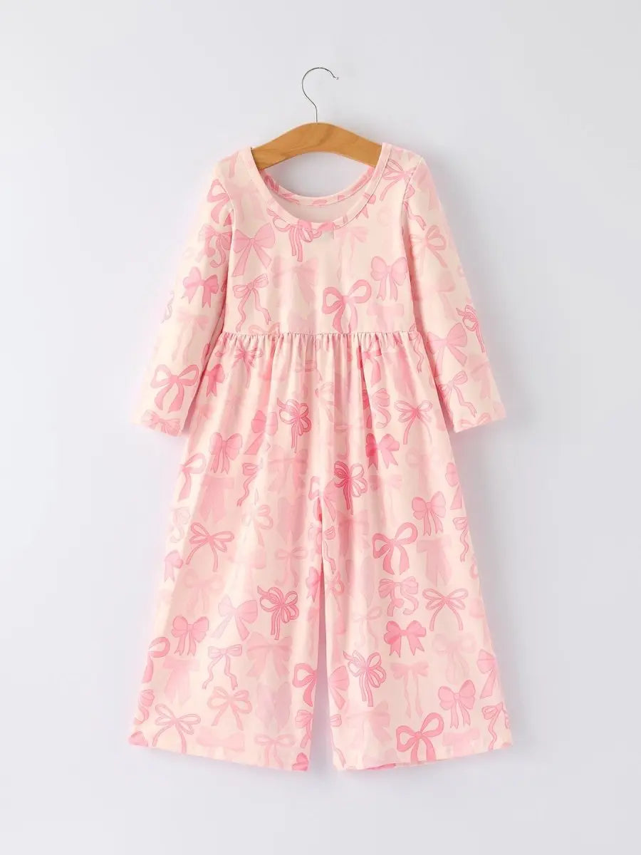 Rylee Faith Designs Girls Pink Bow Print Long Sleeve Jumpsuit - 