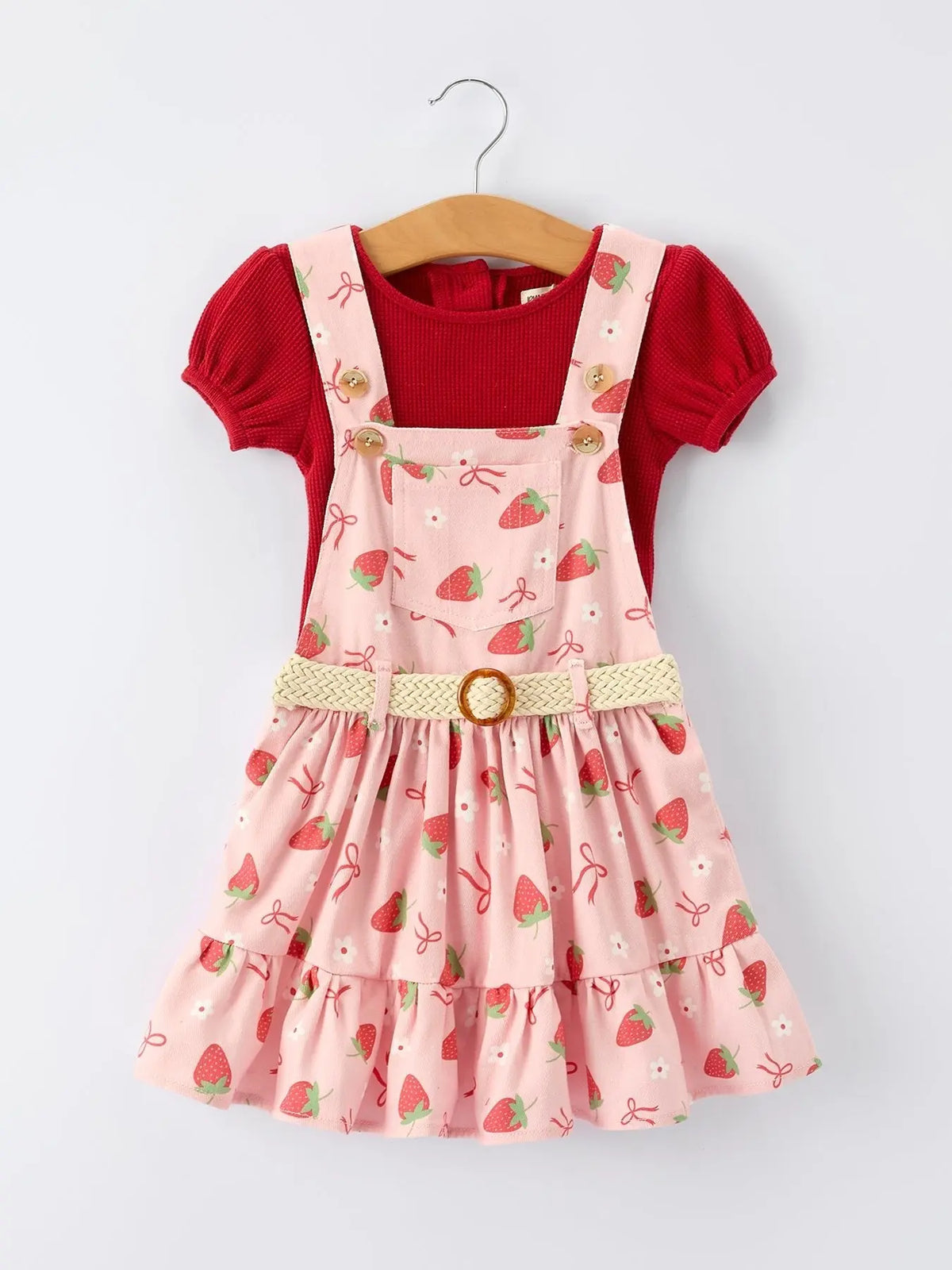 Rylee Faith Designs Girls Spring Short - sleeved top + Strawberry Print Overall Dress Set - 