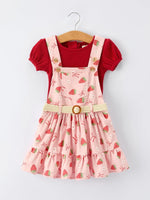 Rylee Faith Designs Girls Spring Short - sleeved top + Strawberry Print Overall Dress Set - 