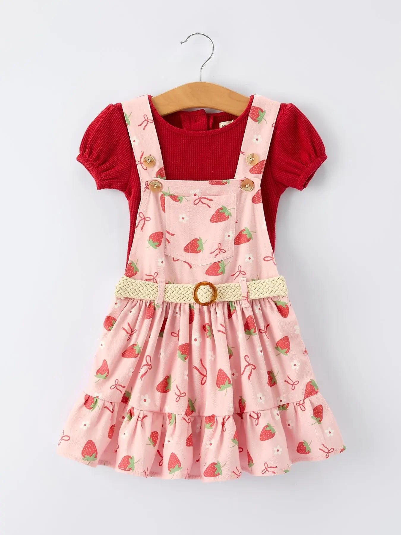 Rylee Faith Designs Girls Spring Short - sleeved top + Strawberry Print Overall Dress Set - 