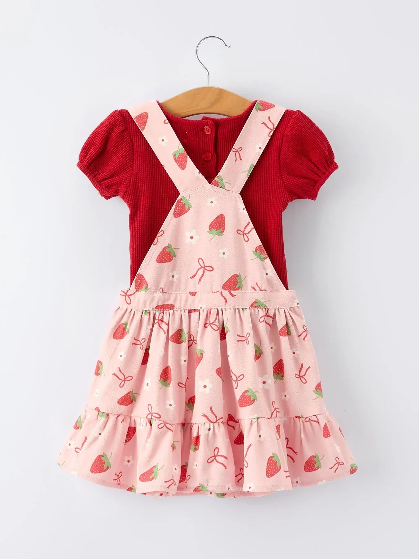Rylee Faith Designs Girls Spring Short - sleeved top + Strawberry Print Overall Dress Set - 