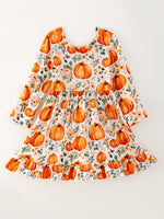 Rylee Faith Designs Girls Thanksgiving Pumpkin Print Long Sleeve Dress - Apparel & Accessories > Clothing > Dresses Dress