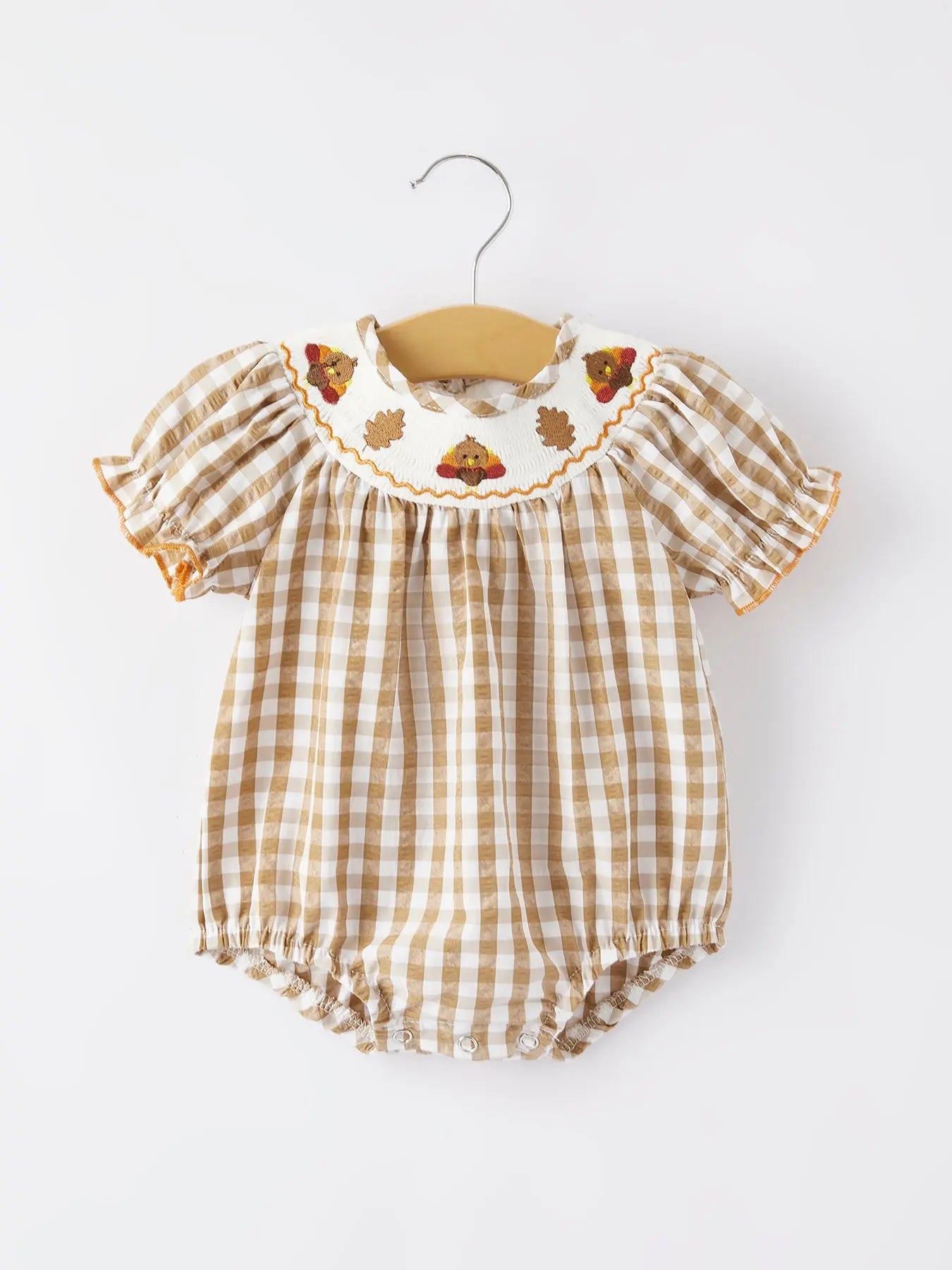 Girls Thanksgiving Smocking Embroidered Brown Plaid Romper Rylee Faith Designs Everetts Place: Online Boutique