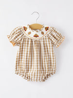 Rylee Faith Designs Girls Thanksgiving Smocking Embroidered Brown Plaid Romper - Apparel & Accessories > Clothing > One-Pieces Romper