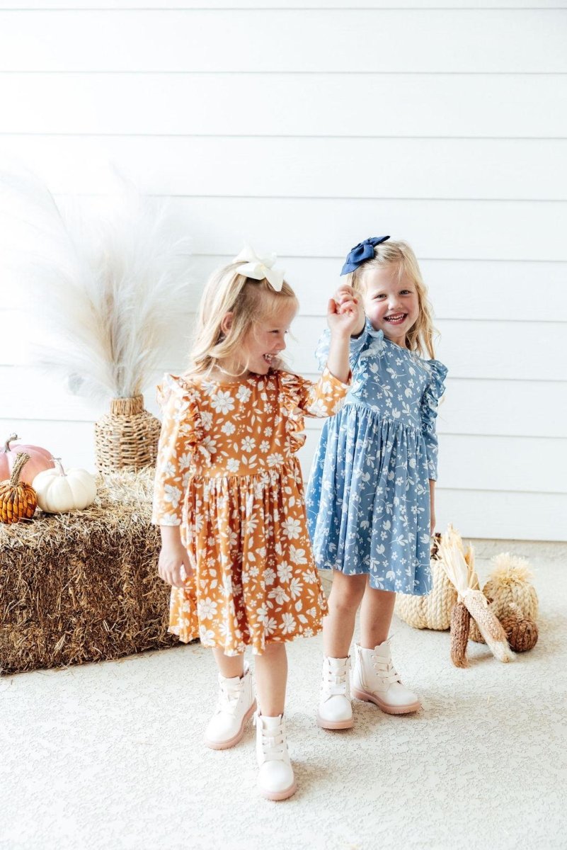 Mila & Rose ® Golden Blooms Three Quarter Sleeve Ruffle Twirl Dress - Everetts Place Boutique - 