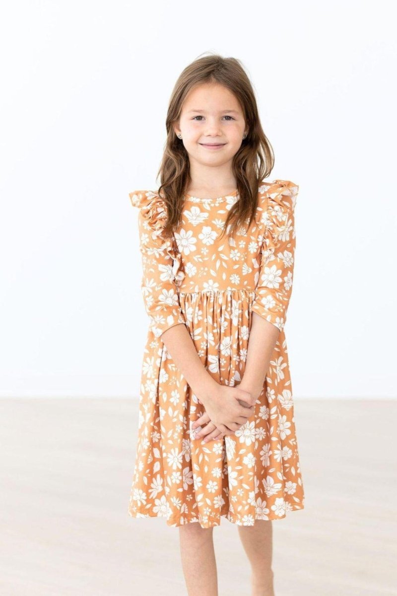Mila & Rose ® Golden Blooms Three Quarter Sleeve Ruffle Twirl Dress - Everetts Place Boutique - 