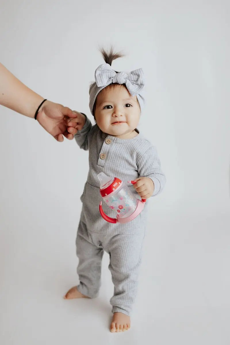 Three Little Tots Gray Baby Ribbed Playsuit with pockets - 