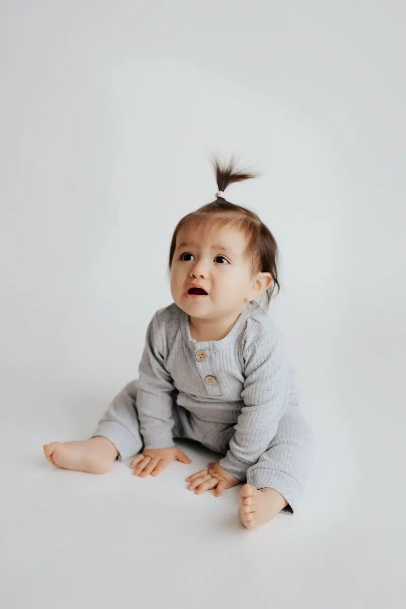 Three Little Tots Gray Baby Ribbed Playsuit with pockets - 