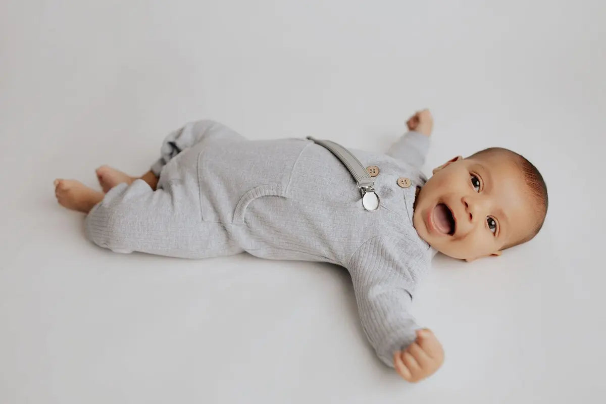 Three Little Tots Gray Baby Ribbed Playsuit with pockets - 