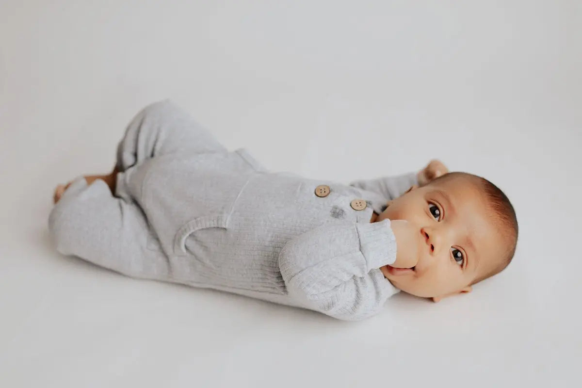 Three Little Tots Gray Baby Ribbed Playsuit with pockets - 
