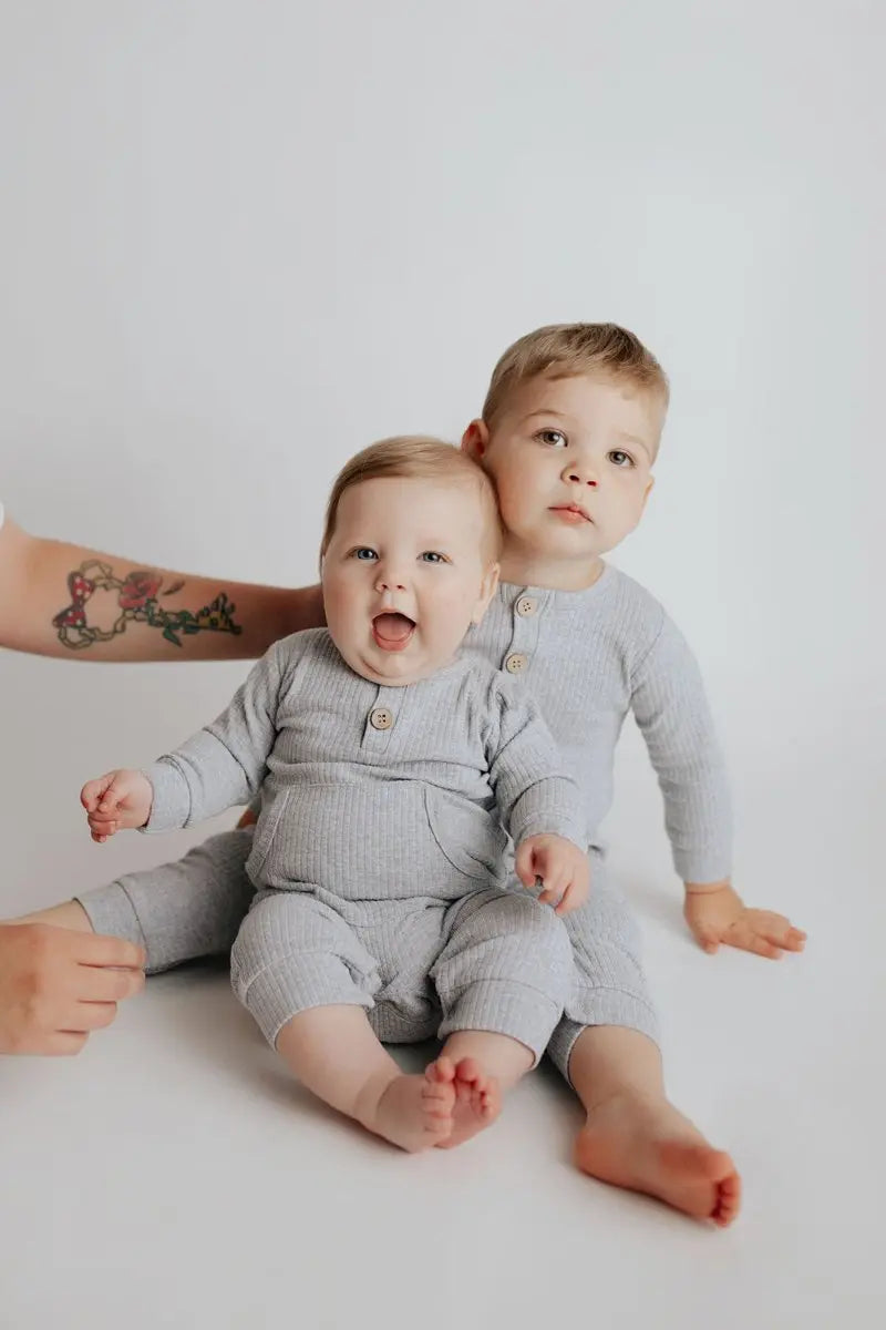 Three Little Tots Gray Baby Ribbed Playsuit with pockets - 