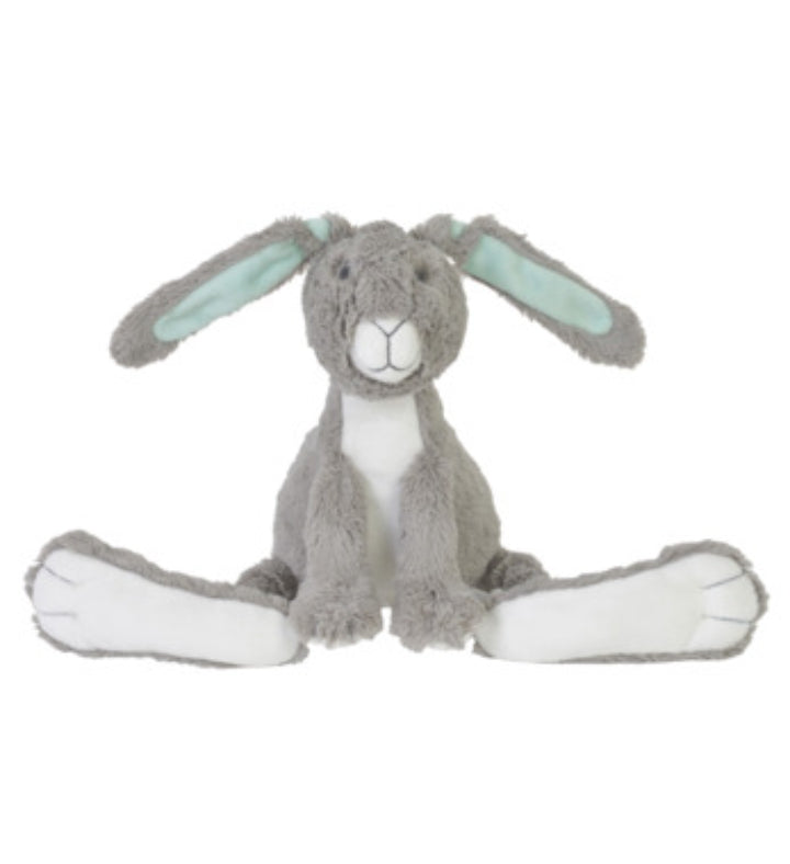 Grey soft bunny toy with long floppy ears and soft fur